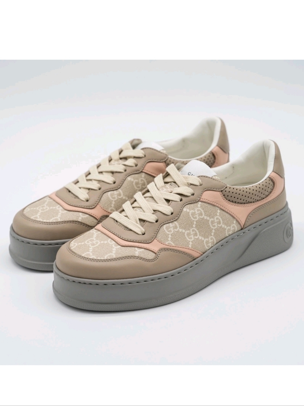 $990 Gucci GG Logo Oatmeal/Light Pink Leather Chunky Sneakers EU 41 US 11 BNIB